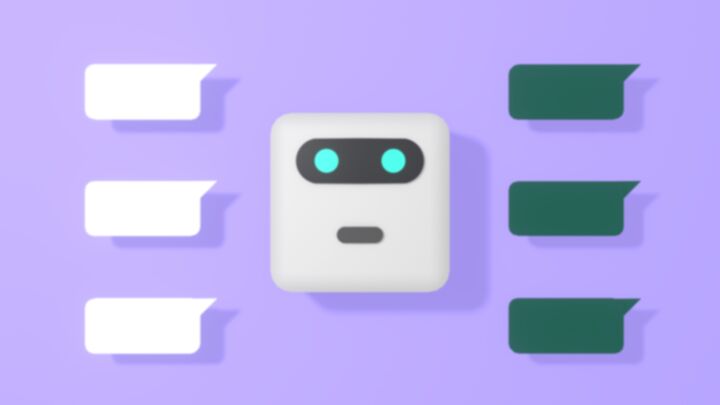 A minimalistic 3D rendering of a square robot head on the center, with three blank green message bubbles on the right side, and three blank white message bubbles on the left side.