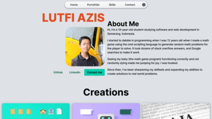 Screenshot of the devlutfi.com website containing the title Lutfi Azis, a picture of Lutfi Azis, and an About Me section.