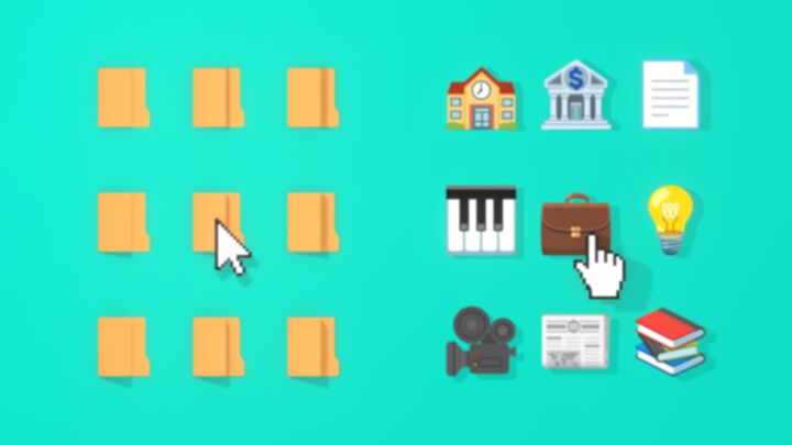 A before-and-after image showing (on the left side) a 9 by 9 grid of regular yellow folders icons, and (on the right side) a 9 by 9 grid of diverse icons including a piano, a briefcase, a lightbulb, and others.