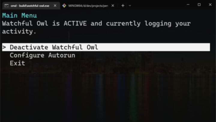 Screenshot of the Watchful Owl Windows program on the Main Menu with a text saying "Watchful Owl is ACTIVE and currently logging your activity."